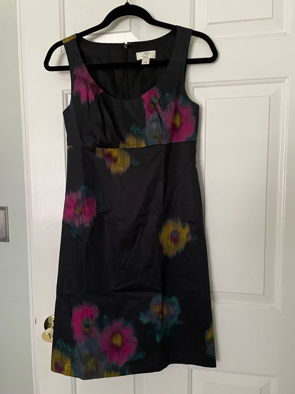 LOFT Black Midi Dress with Pink, Yellow & Teal Floral Print